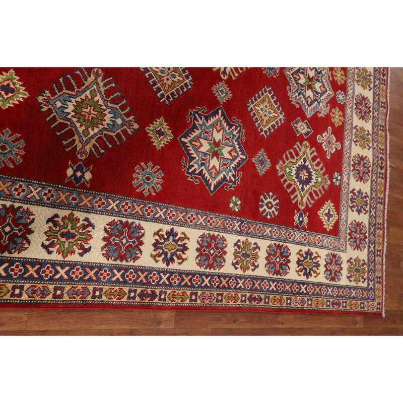 Geometric Kazak Area Rug Hand-Knotted Oriental Red Wool Carpet - 6'6" x 9'11"