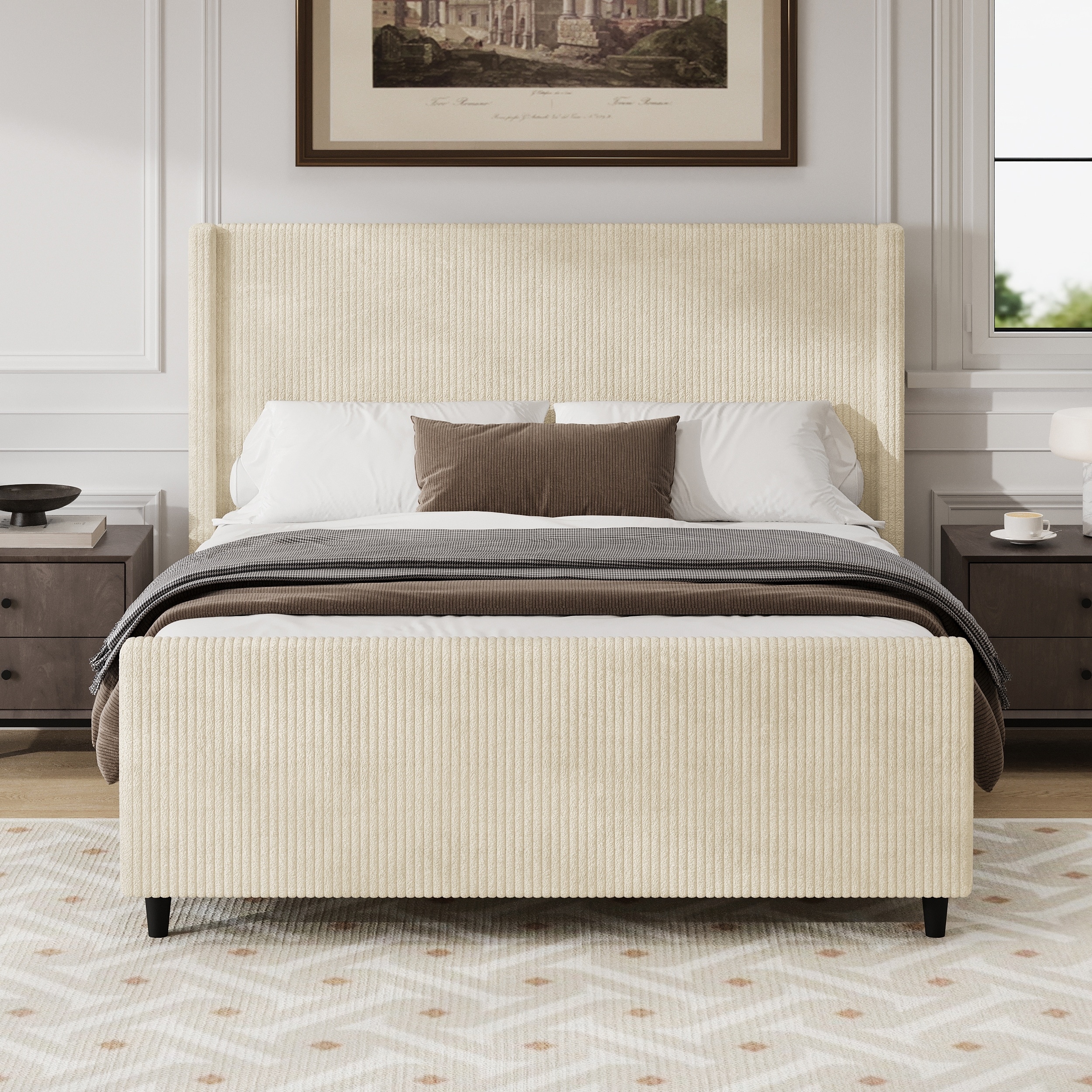 High Headboard Corduroy Upholstered Bed Frame