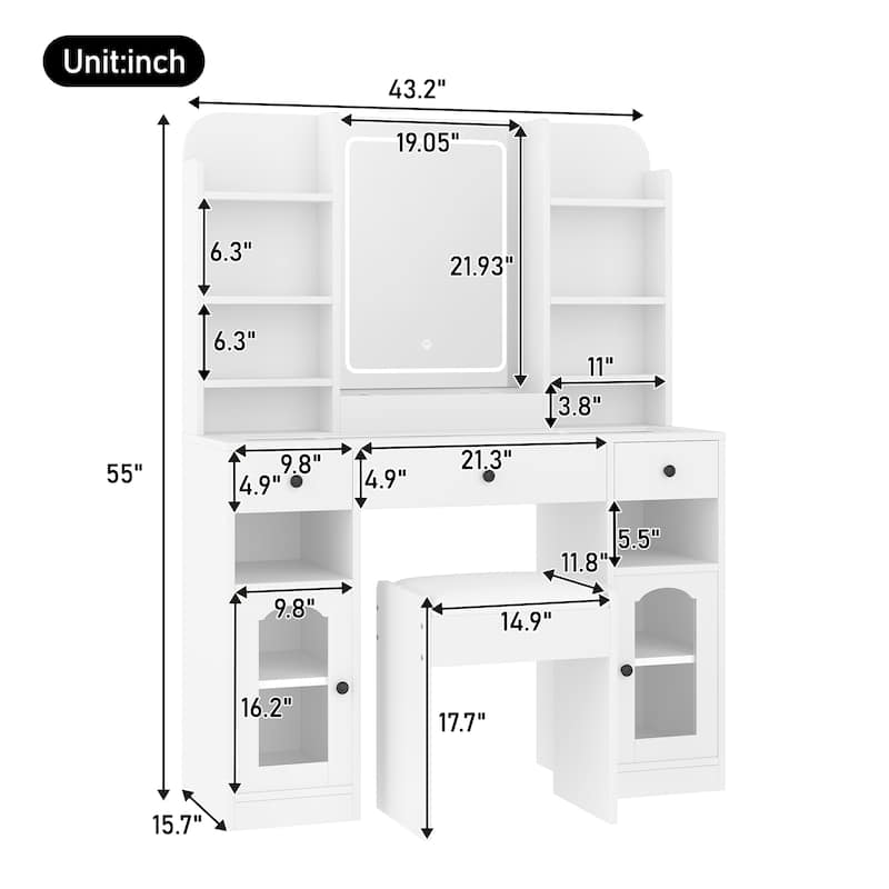 43" Glass Top Vanity Desk with LED Mirror & Stool, Modern Makeup Table with RGB Light Cabinets & 3 Drawers