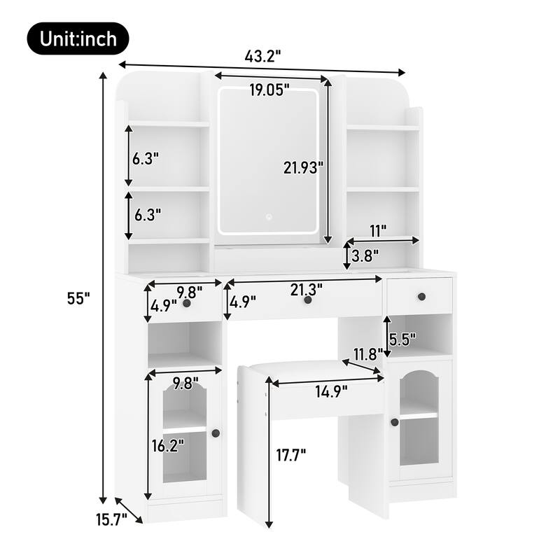 Roomfitters 43.2" Makeup Vanity Desk with LED Lighted Mirror, Glass Door Cabinets, Charging Station and Stool
