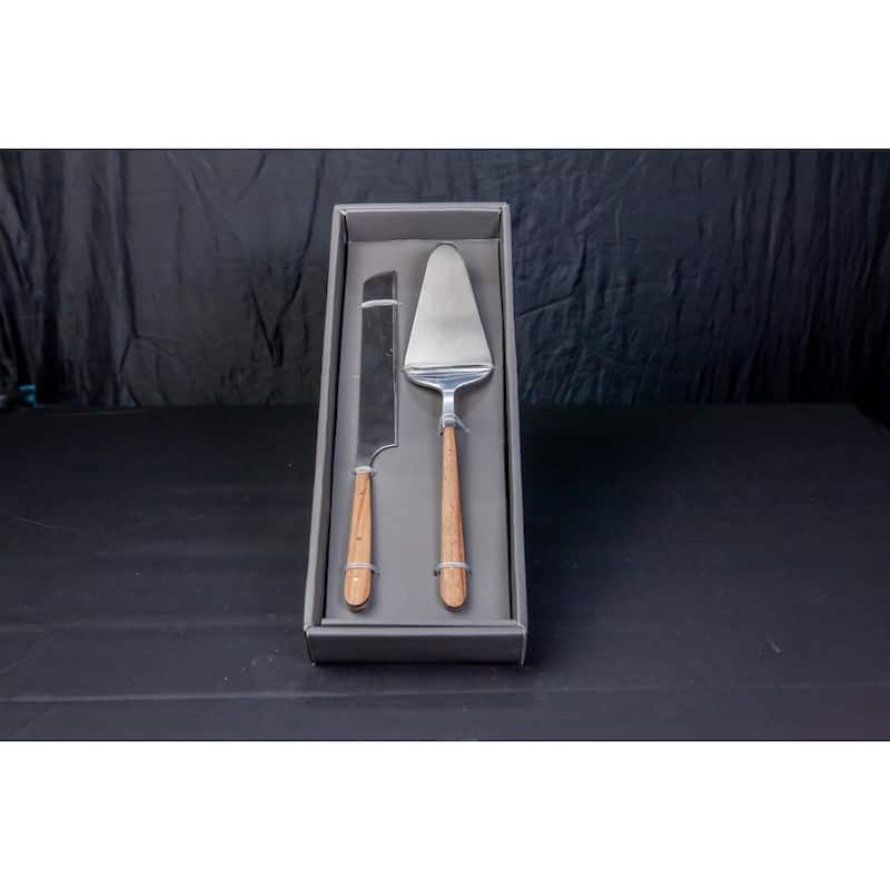 2pc Cake Serving Set w/ Wood Handles -ST - Silver & Wood