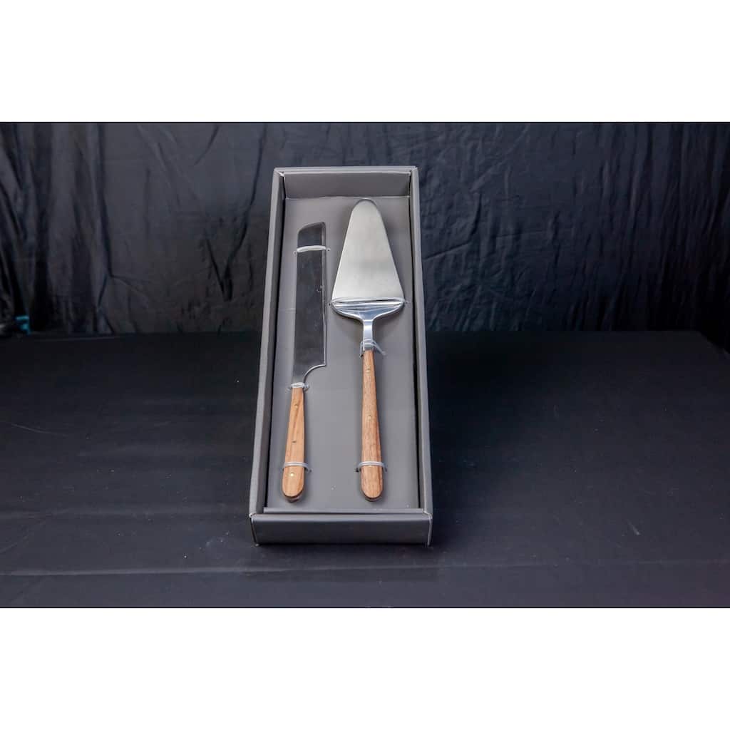2pc Cake Serving Set w/ Wood Handles -ST - Silver & Wood