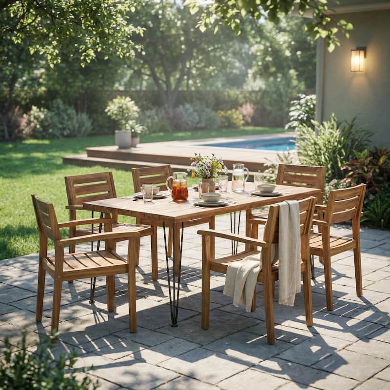 Christopher Knight Home - Modern Solid Acacia Wood 7-Piece Outdoor Dining Set with 72" Rectangular Table and Slatted Armchairs - Teak