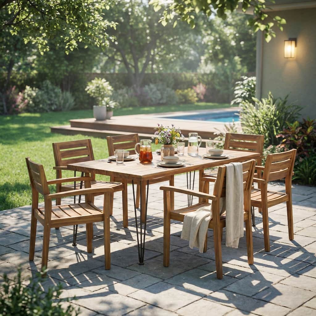 Christopher Knight Home - Modern Solid Acacia Wood 7-Piece Outdoor Dining Set with 72" Rectangular Table and Slatted Armchairs