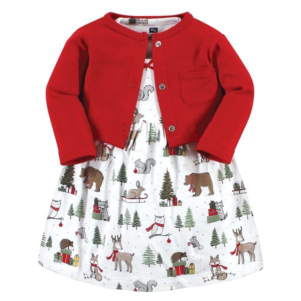 slide 1 of 1, Hudson Baby Toddler Girl Cotton Dress and Cardigan Set, Red Winter Forest 2T - Red Winter Forest