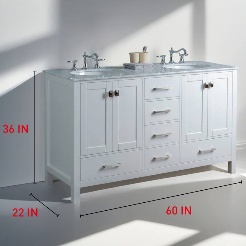 60 in. W x 22 in. D x 36 in. H White Bath Vanity with Double Sink and White Vanity Top, Ample Storage
