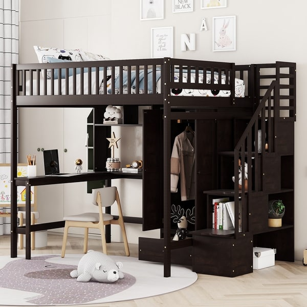 slide 2 of 9, Black Full Solid Wood Loft Bed with Bookshelf Espresso