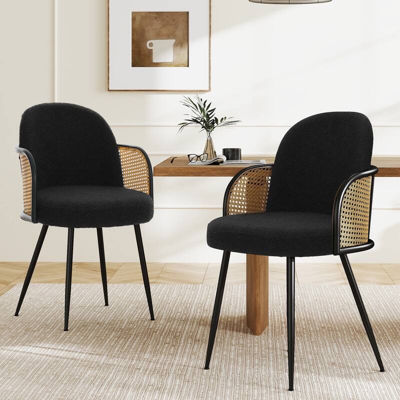 Upholstered Rattan Dining Chairs Set of 2, Arm Side Chair - 21.8" W x 24.2" D x 33" H - Set of 2 - Black