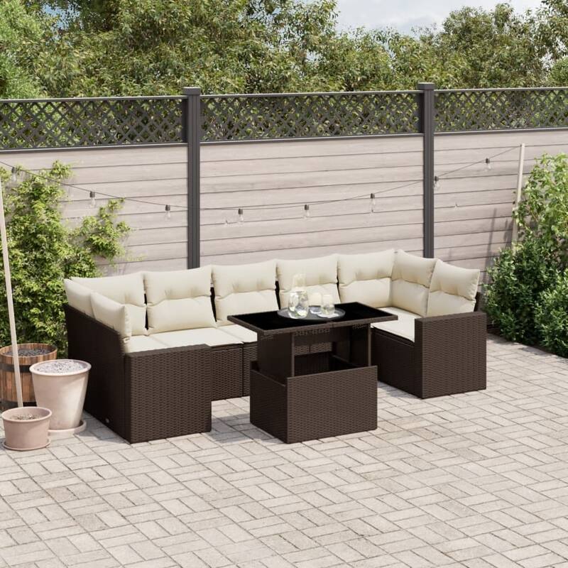 vidaXL Patio Sofa Set with Cushions Outdoor Furniture 8 Piece Poly Rattan - 21.7 x 39.4 x 28.7 in - Brown and cream
