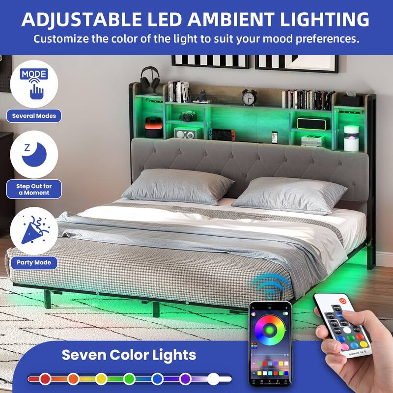 Moasis Floating Bed Frame Upholstered Platform Bed with RGB LED Lights Headboard Storage and Charging Station