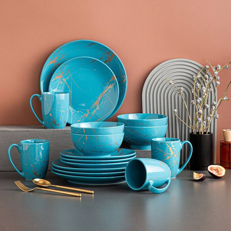 LOVECASA 16-Piece Porcelain Color Glaze with Gold Dinnerware Set