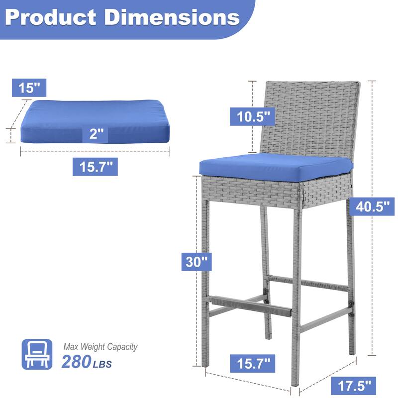 Rattan Bar Stools Set of 2, Armless Wicker Bar Stools with Cushions, All-Weather Outdoor Bar Height Stools for Patio, Poolside