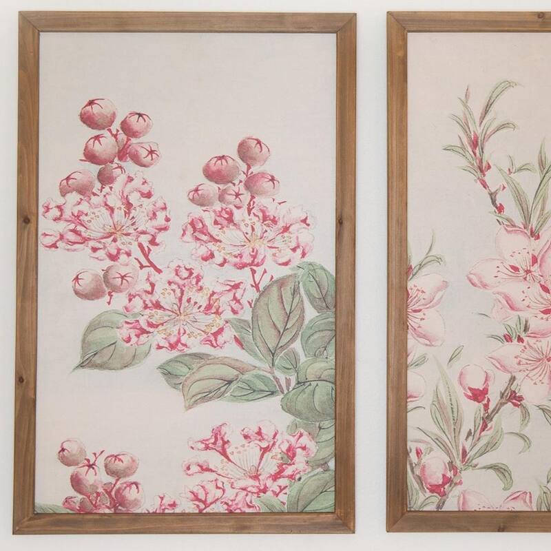 HomeRoots Set of Two Pink And Green Flower Floral Wood Framed Art