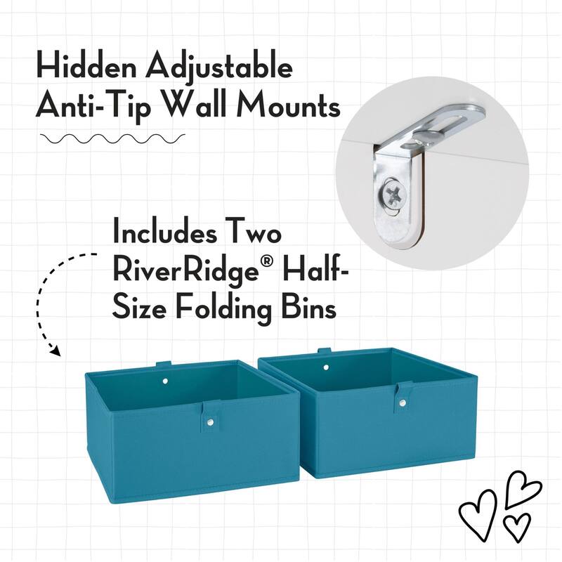 RiverRidge Kids 4-Tier 24in Ladder Shelf Toy Organizer with 3 Open Display Shelves- White with Two 5" Fabric Bins