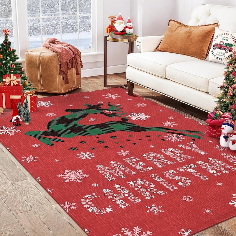 Christmas Rug with Snow Reindeer Area Rugs for Living Room, Low Pile Washable