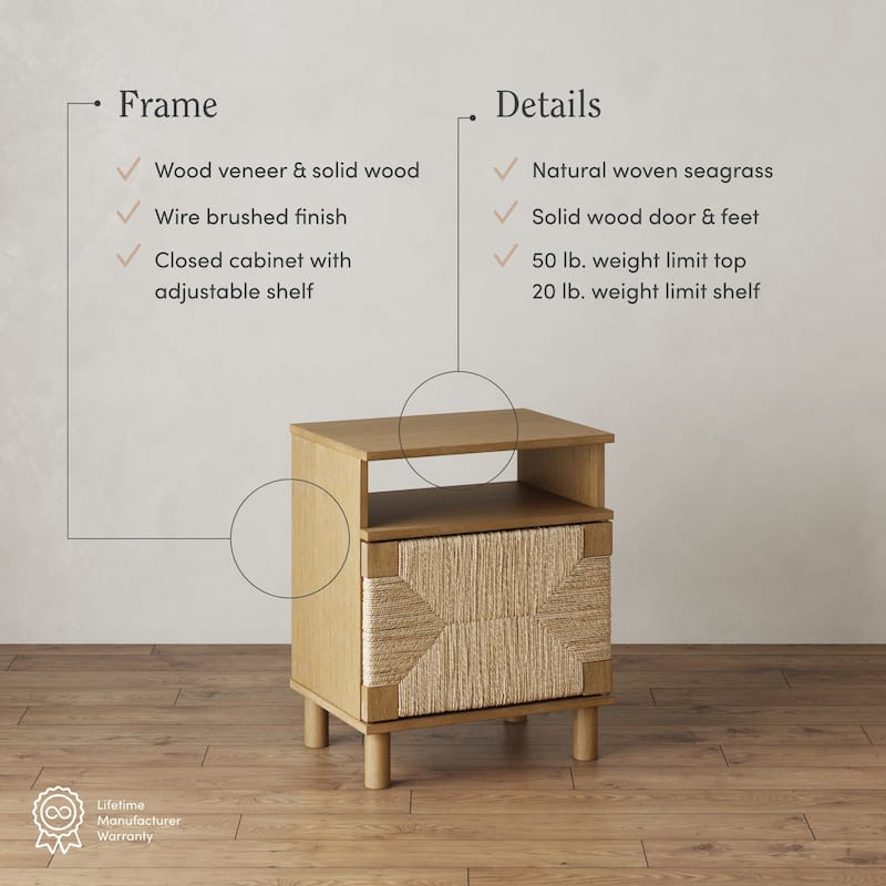 Beacon Wood Nightstand, Bohemian Accent Table or Sofa Side Table with Seagrass Door for Bedroom or Living Room