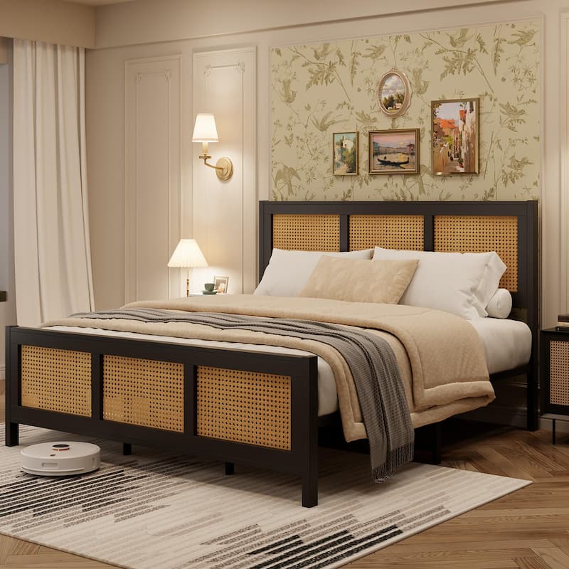 Rattan Bed Frame with Headboard, White Boho Cane Platform Bed Frame with Strong Metal Slat, Noise Free