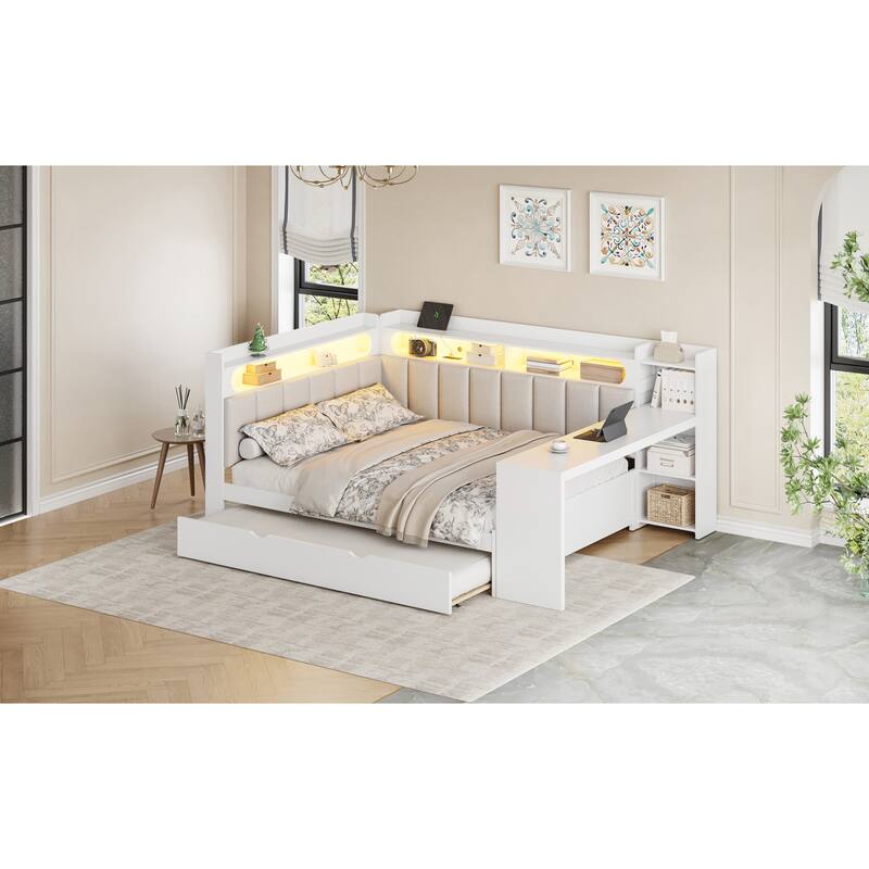 Roomfitters Full Daybed with Trundle, Charging Station and Upholstered Headboard