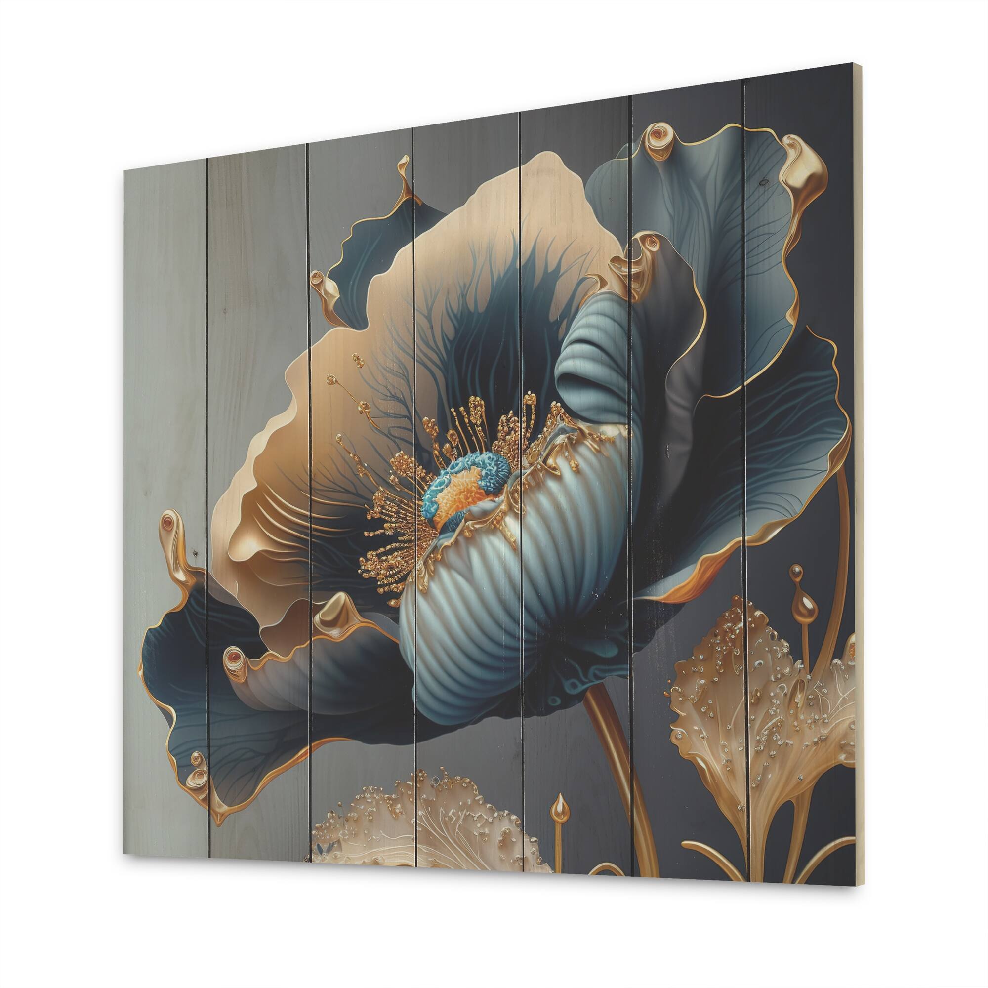 Designart 'Deep Blue And Gold Single Flower III' Floral Wood Wall Art ...