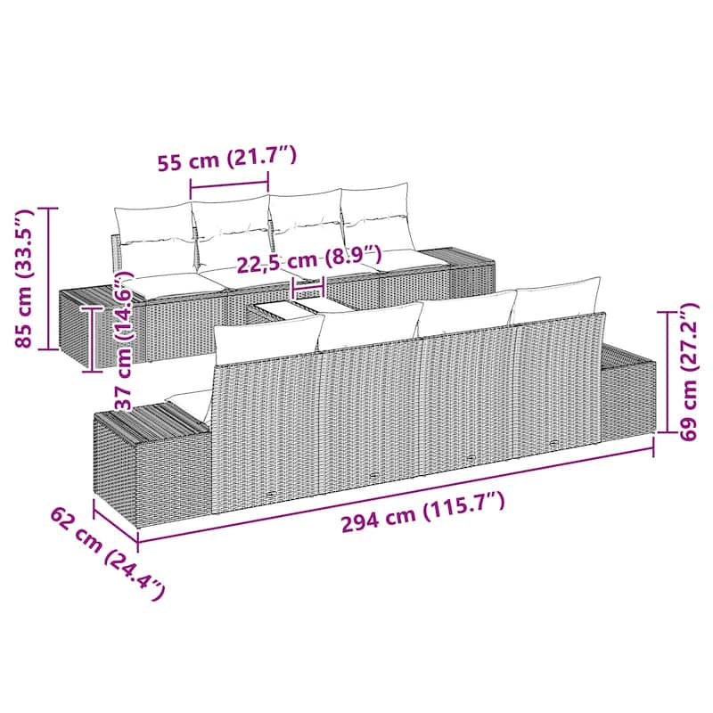 vidaXL 9 Garden Sofa Set with Cushions Black Poly Rattan - 115.7 x 24.4 x 27.2
