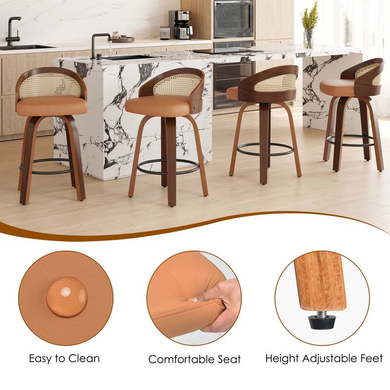 2-Piece Swivel Barstool Set - Modern Wood Frame with Rattan Back & PU Leather