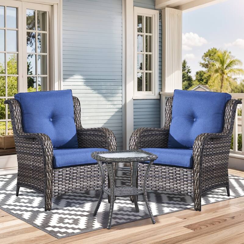 Pocassy Outdoor Patio Chairs Ottoman Table with 4 Inch Cushion - 3 Pieces Patio Chair w/ Table - Grey Rattan Blue Cushion
