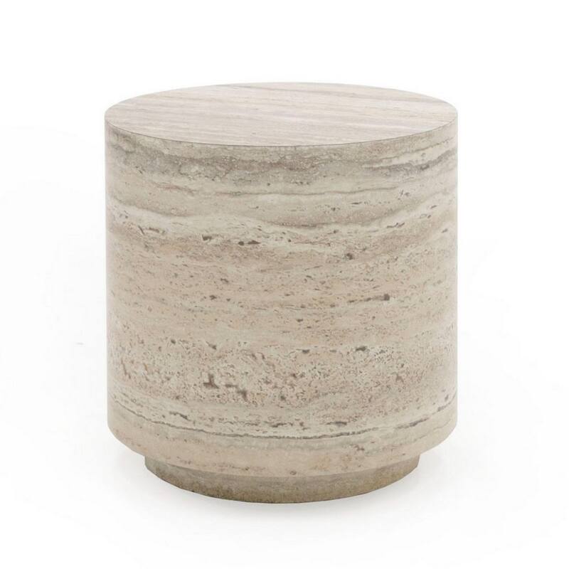 Lia 18 Inch End Table, Round Travertine Stone Finish Laminated Top
