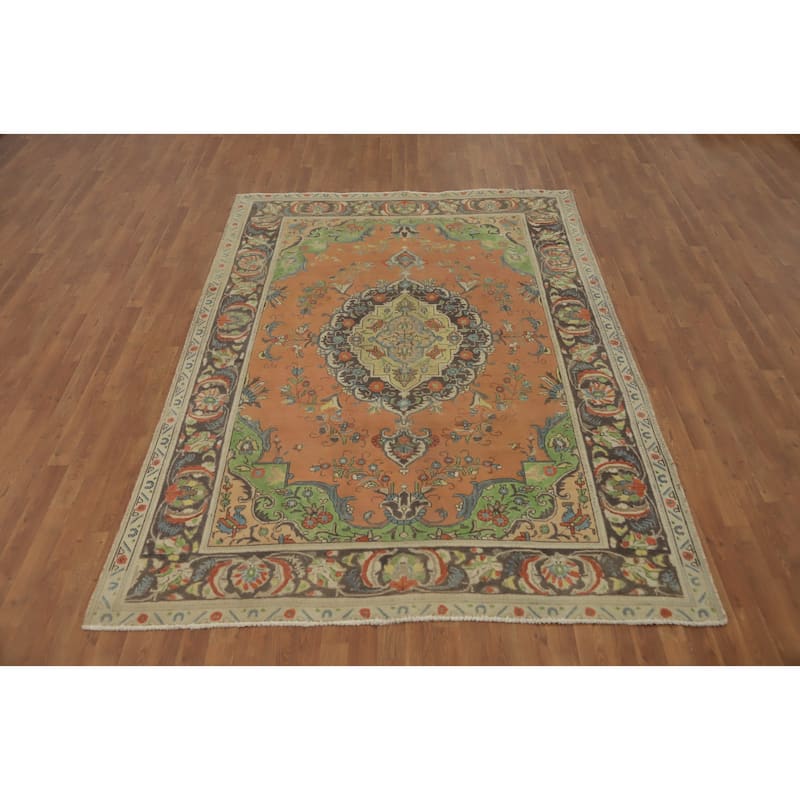 Hand Knotted Oriental 100% Wool Carpet Traditional Floral Oranges & Rust Tabriz Area Rug - 9' 0'' X 6' 5''