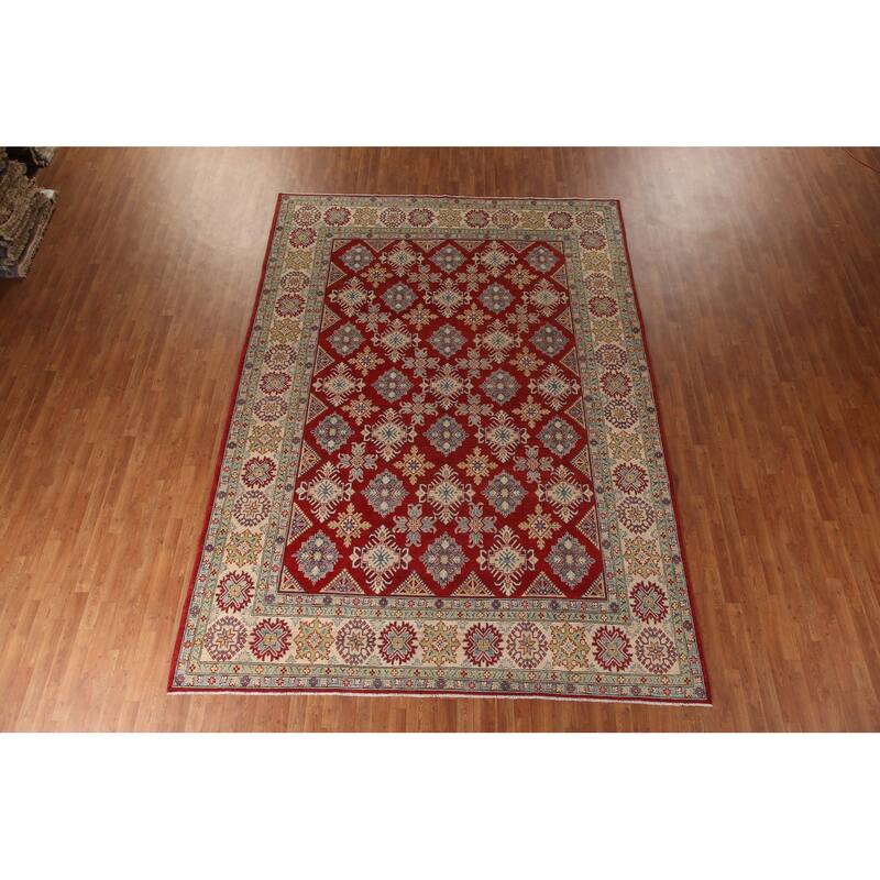 Red Geometric Kazak Oriental Area Rug Handmade Wool Carpet - 9'0" x 11'5"