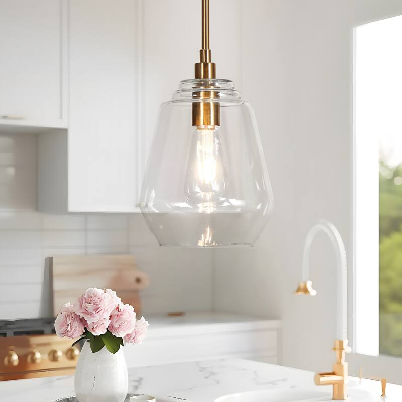 Velus Mid-century Modern Gold 1-Light Cylinder Clear Glass Single Pendant Kitchen Island Lights - D 8'' x H 11''