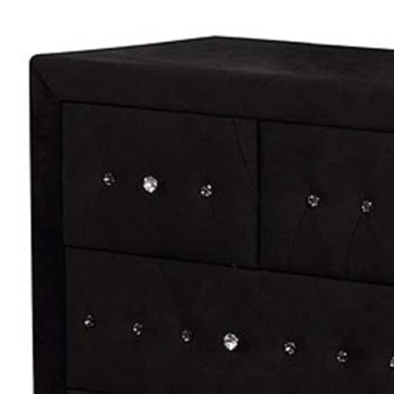 Rea Wide Dresser, 7 Drawers with Crystal Knobs, Black Velvet Upholstery