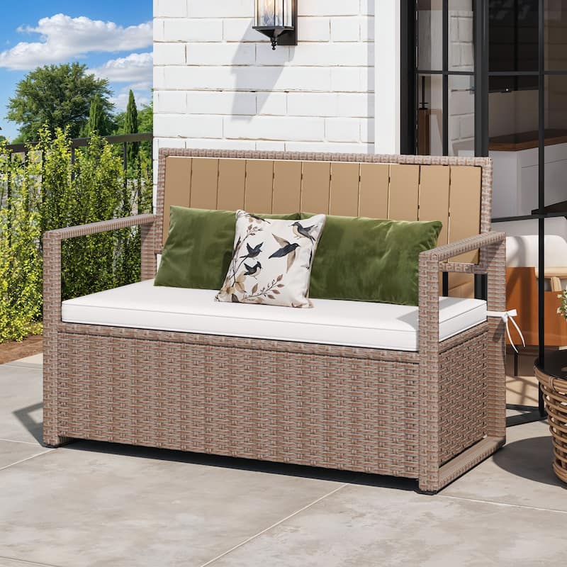 Moasis 70 Gallon Outdoor Storage Bench All-Weather PE Rattan Deck Box - Khaki