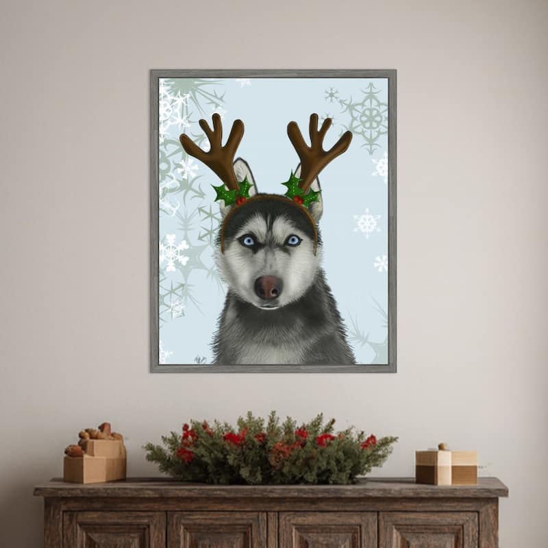 Husky and Antlers by Fab Funky (23 x 28 in.), Framed Canvas Wall Art Print - Sylvie Greywash