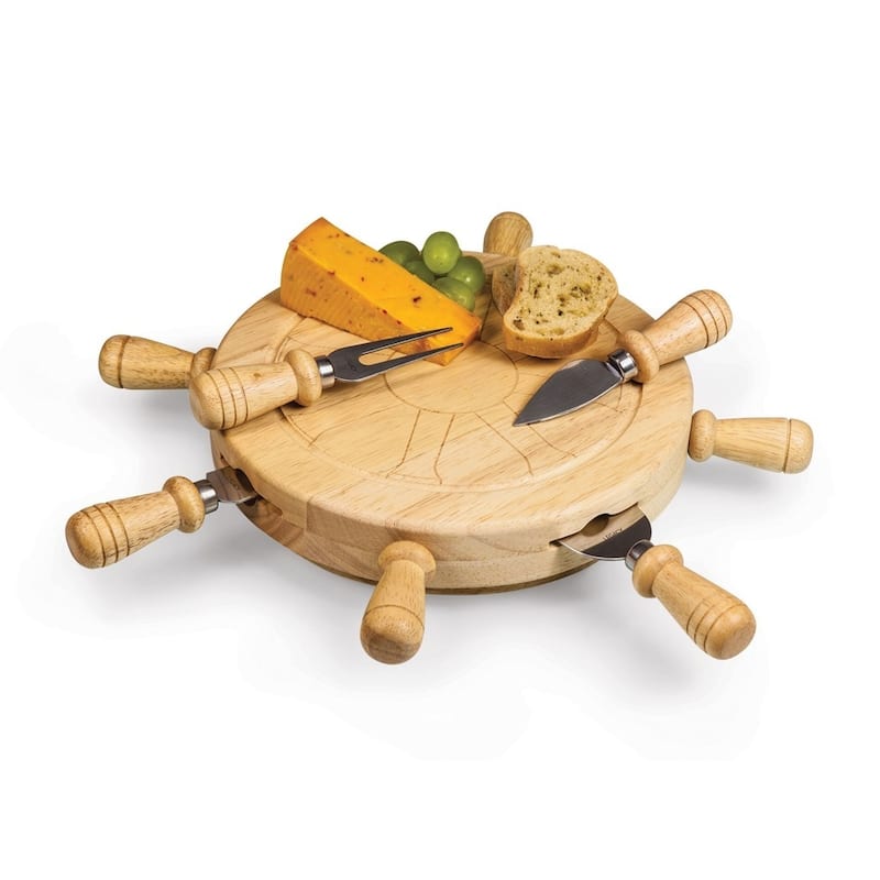 Curata Mariner Rubberwood Board with Stainless Steel Cheese Tools Stored Inside - 13.4x17.9"