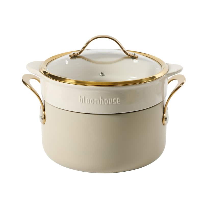 Bloomhouse 15 Piece Pots and Pans Heavy Duty Aluminum Premium PFA Free Ceramic Nonstick - Almond Cream with Gold Handle