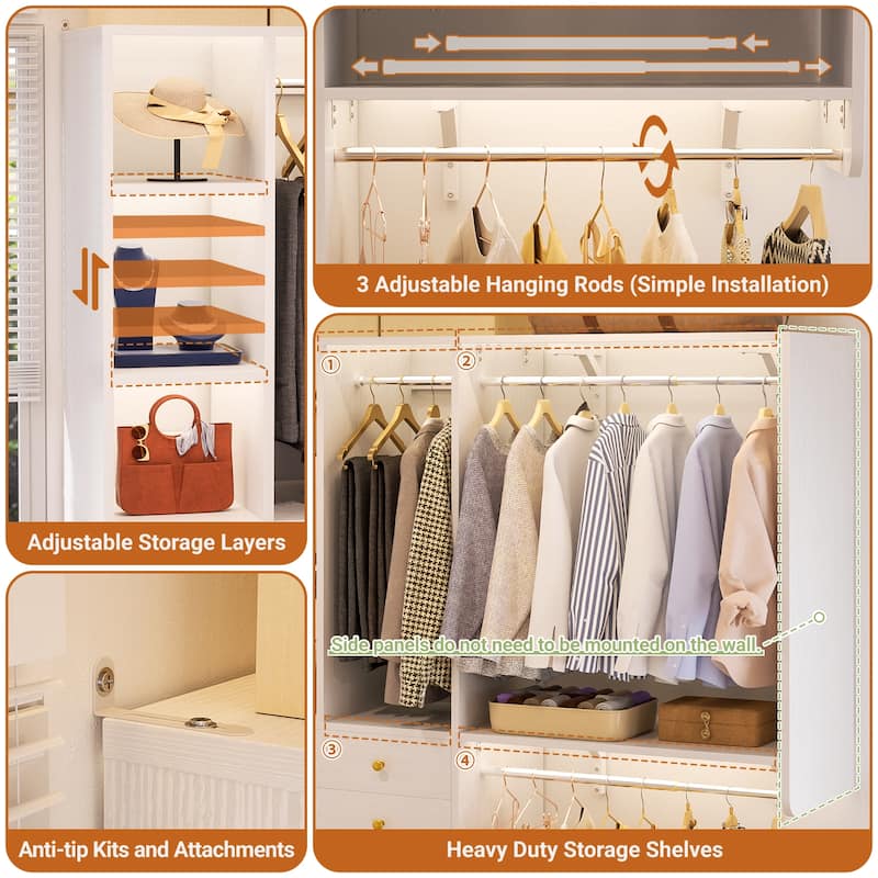 Grimm 5FT Small Closet System with Drawers, 60" Closet Organizer System with Reversible Hanging Shelving