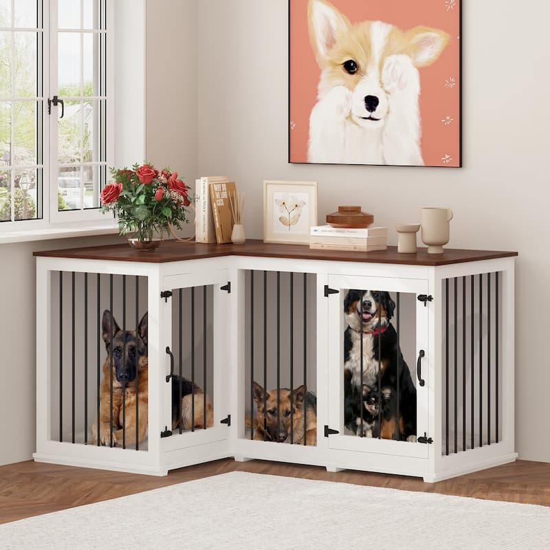 Large Corner Dog Crate Furniture for 2 Dogs, L Shape Dog Crate Cage - 58.7"X41.1"