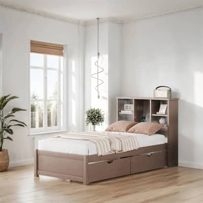 Twin Size Bed Frame With Built-in USB Port on Bookcase, 2 Drawers