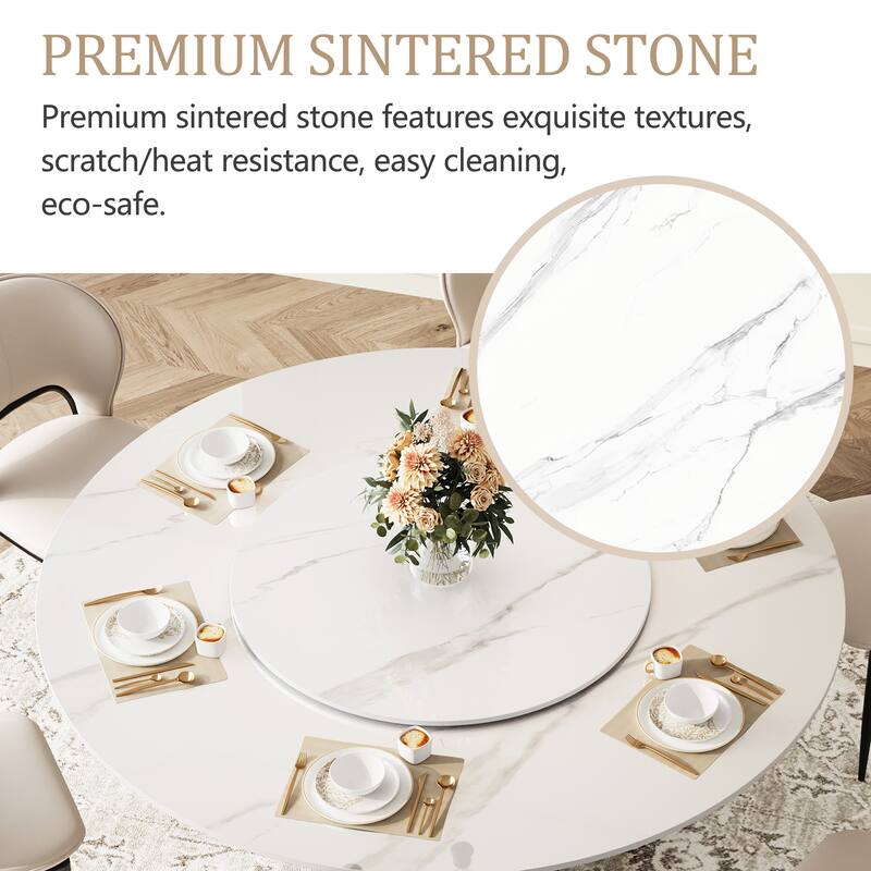59" Modern Round Dining Table for 6-8, Glossy White Sintered stone Table top, Steel Grille column base