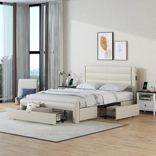 Leather Upholstered Platform Bed with Drawers and Charging Station,Queen Size