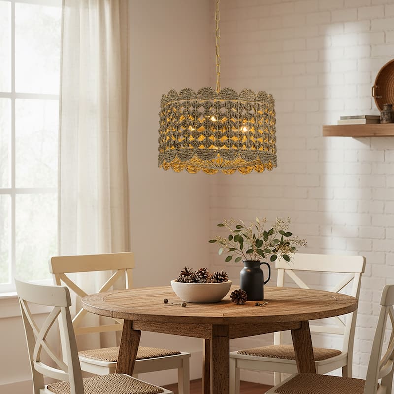 Riva Natural 4-Light Seagrass Scalloped Pendant, Coastal Boho - Handwoven - 18" Wide