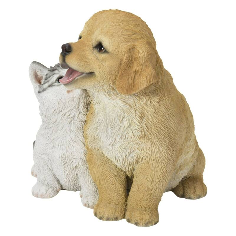 7.75" Kitten with Golden Retriever Outdoor Garden Statue