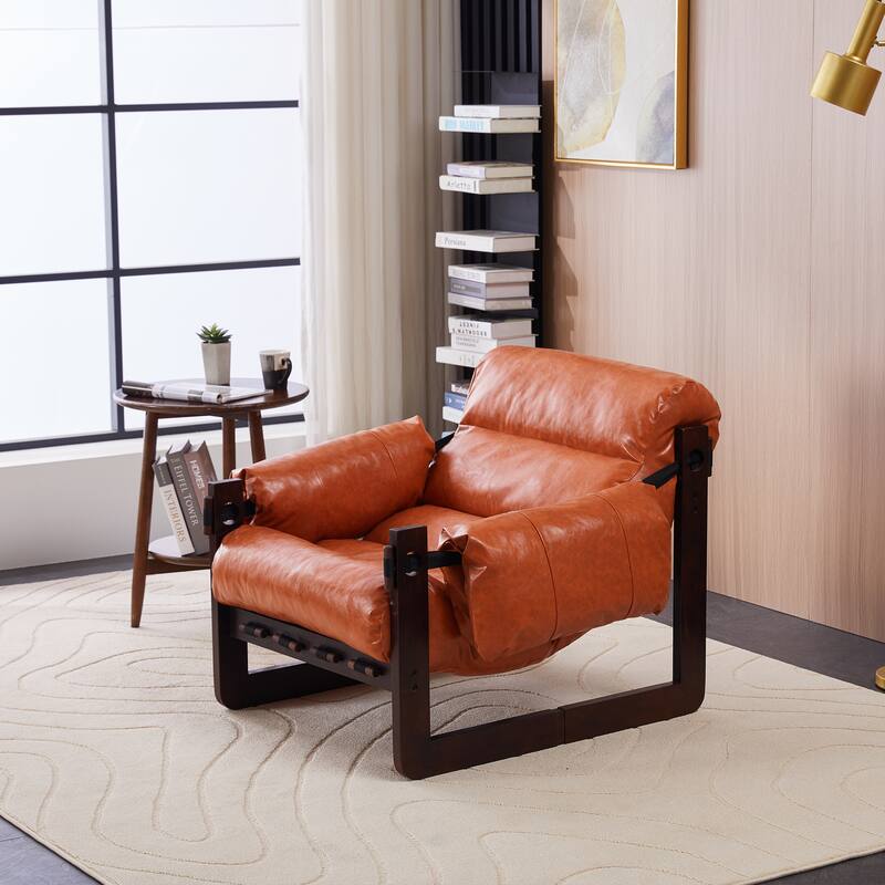 Lounge Chair Oil Wax Leather Sofa Chair with Removable Armrests, Rubber Wood Decorative Chair for Living Room