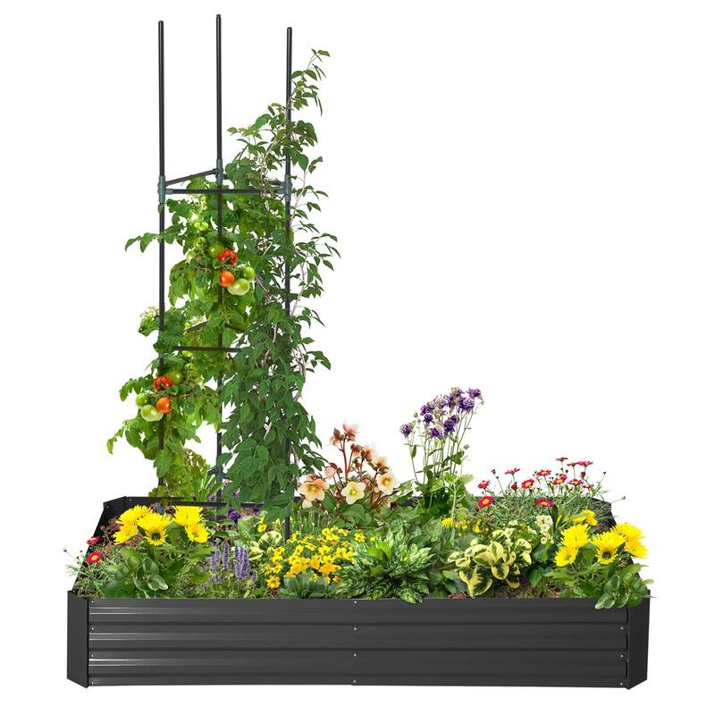 Black Steel Raised Garden Planter with Tomato Cages and Drainage - 70.75" L x 35.5" W x 11.5" H