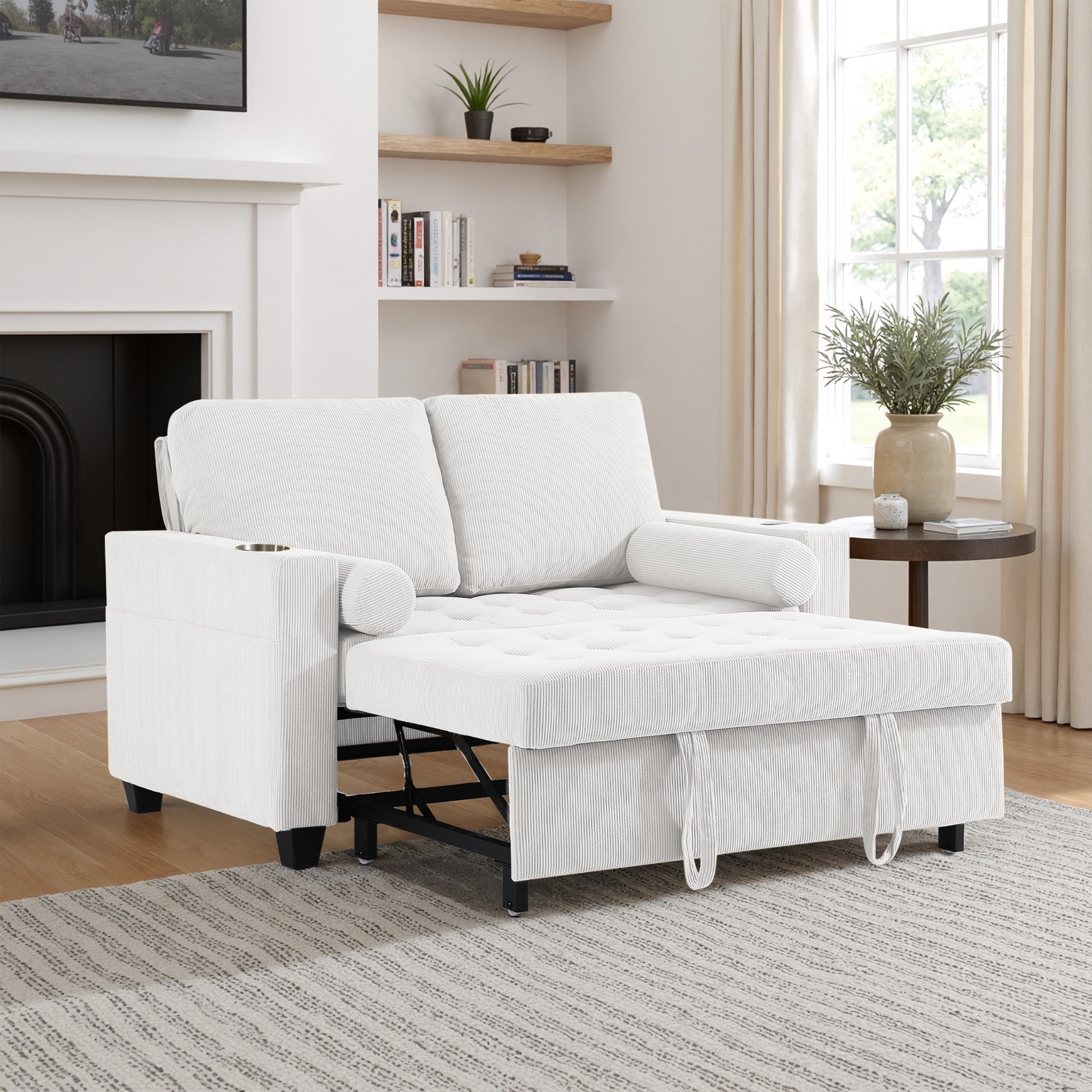 Corduroy Pull-out Bed Recline Chair Convertible Sleeper Sofa with 2 USB Port