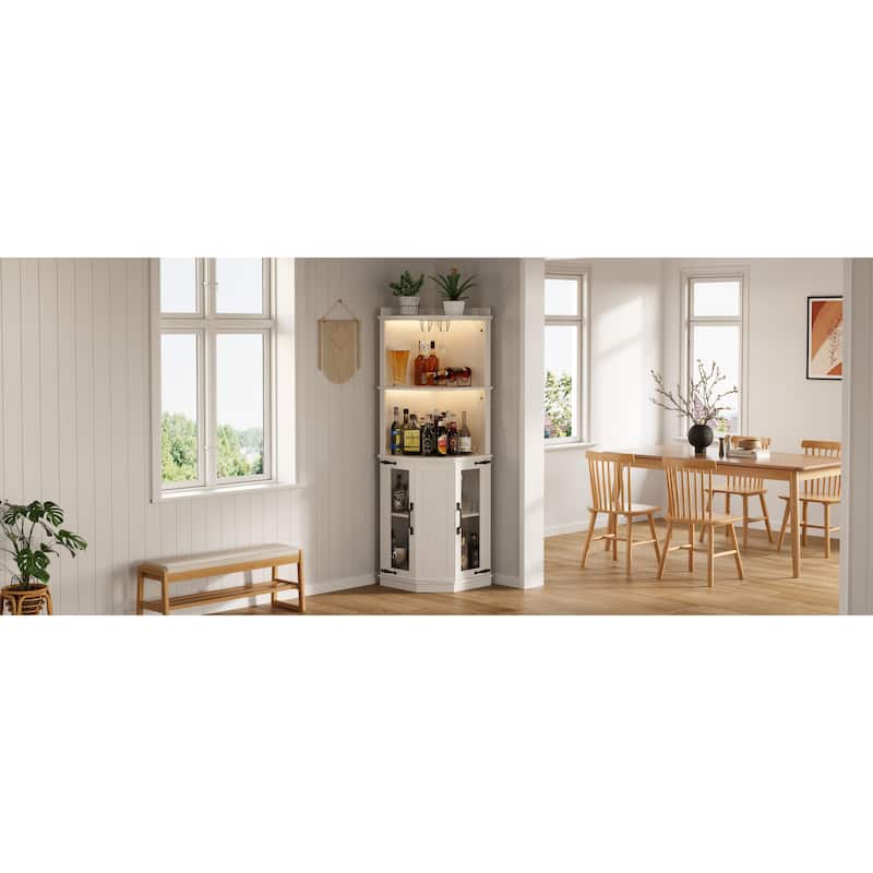 Farmhouse 67.3" Corner Wine Bar Cabinet with Power Outlet and Adjustable Shelves