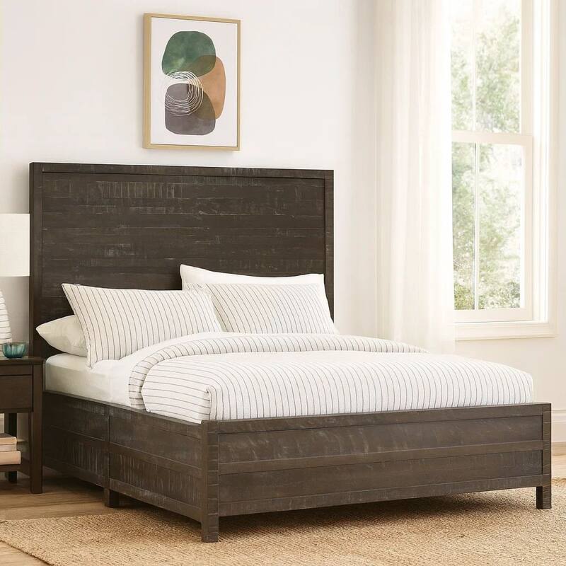Cas California King Bed, Rustic Rough Hewn Solid Wood Planks, Dark Gray