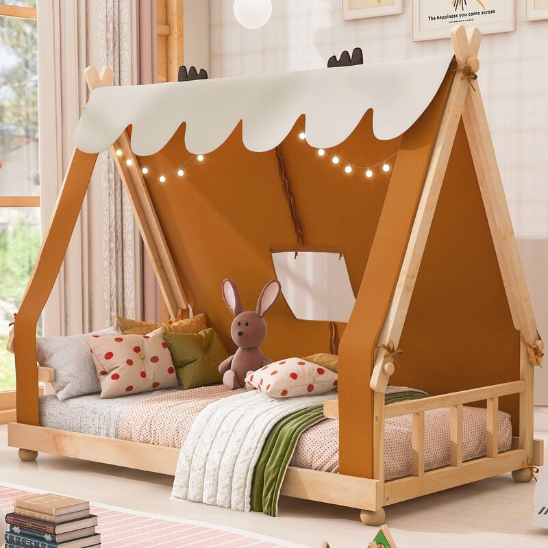 Twin Size House Bed with Tent and Light - Brown