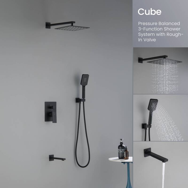 Cube Pressure Balanced 3-Function Shower System with Rough-In Valve