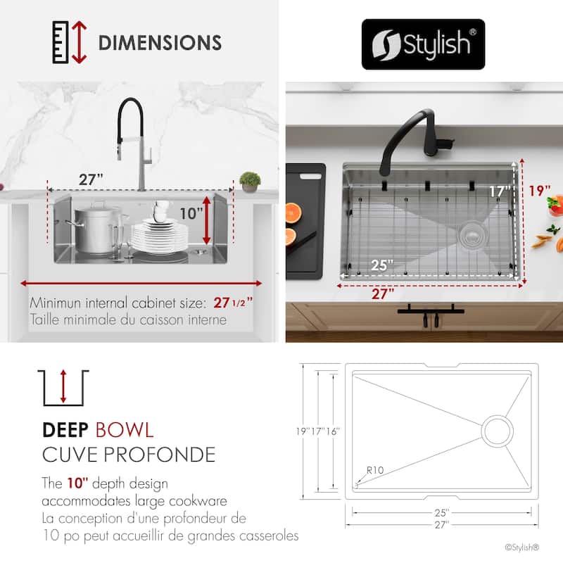 STYLISH 27 inches Workstation Single Bowl Undermount 16 Gauge Stainless Steel Kitchen Sink with Built in Accessories Handmade
